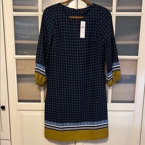 Ann Taylor Blue Geometric Print Long Bishop Sleeve Short Shift Dress NWT
